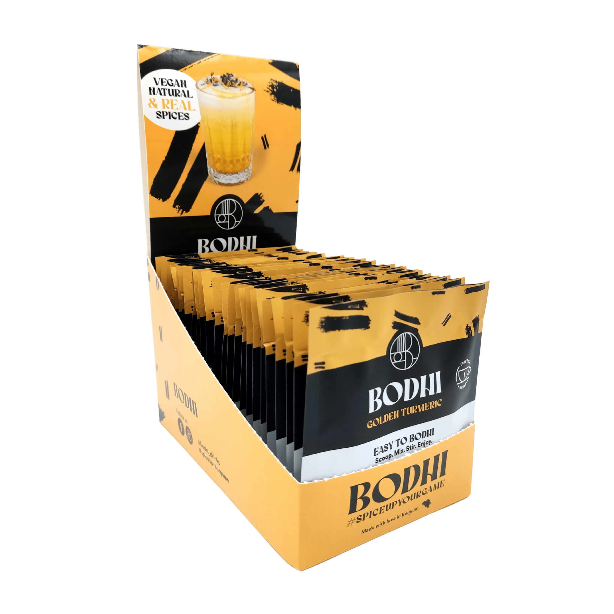 Golden Chai Latte - Bodhi Drinks - Displaydoos 25 x 12gr - kurkuma, kaneel, gember, kardamom, zwarte peper - high in fiber - vegan - belgisch product - less sugar, minder suiker, easy to prepare - poeder - 1 portie