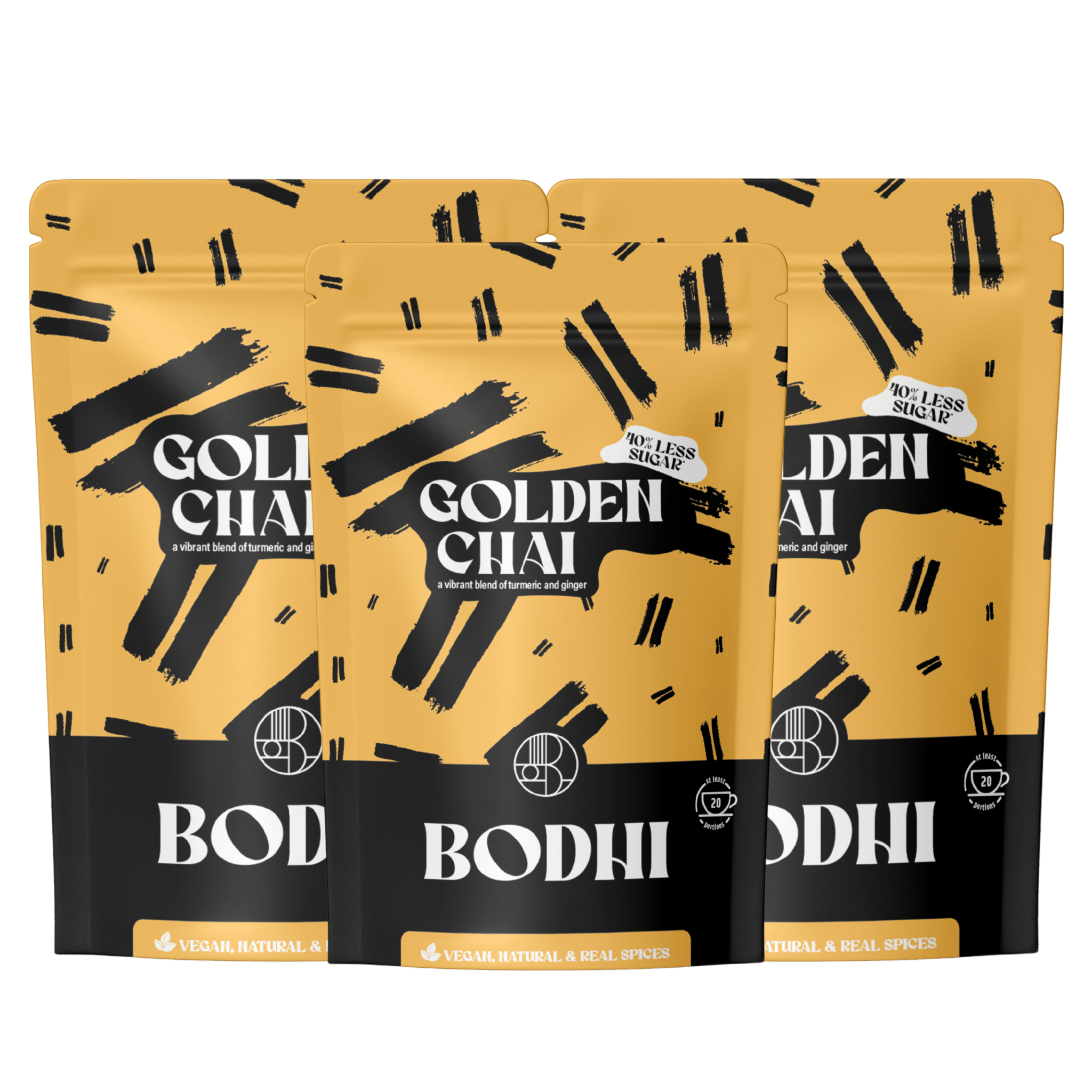 Golden Chai Latte - Bodhi Drinks - Combipakket: 3x pouch 20 latte's - belgisch product - gember, kaneel, kardamom, kurkuma, zwarte peper - less sugar - minder suiker - high in fiber - vegan - real spices
