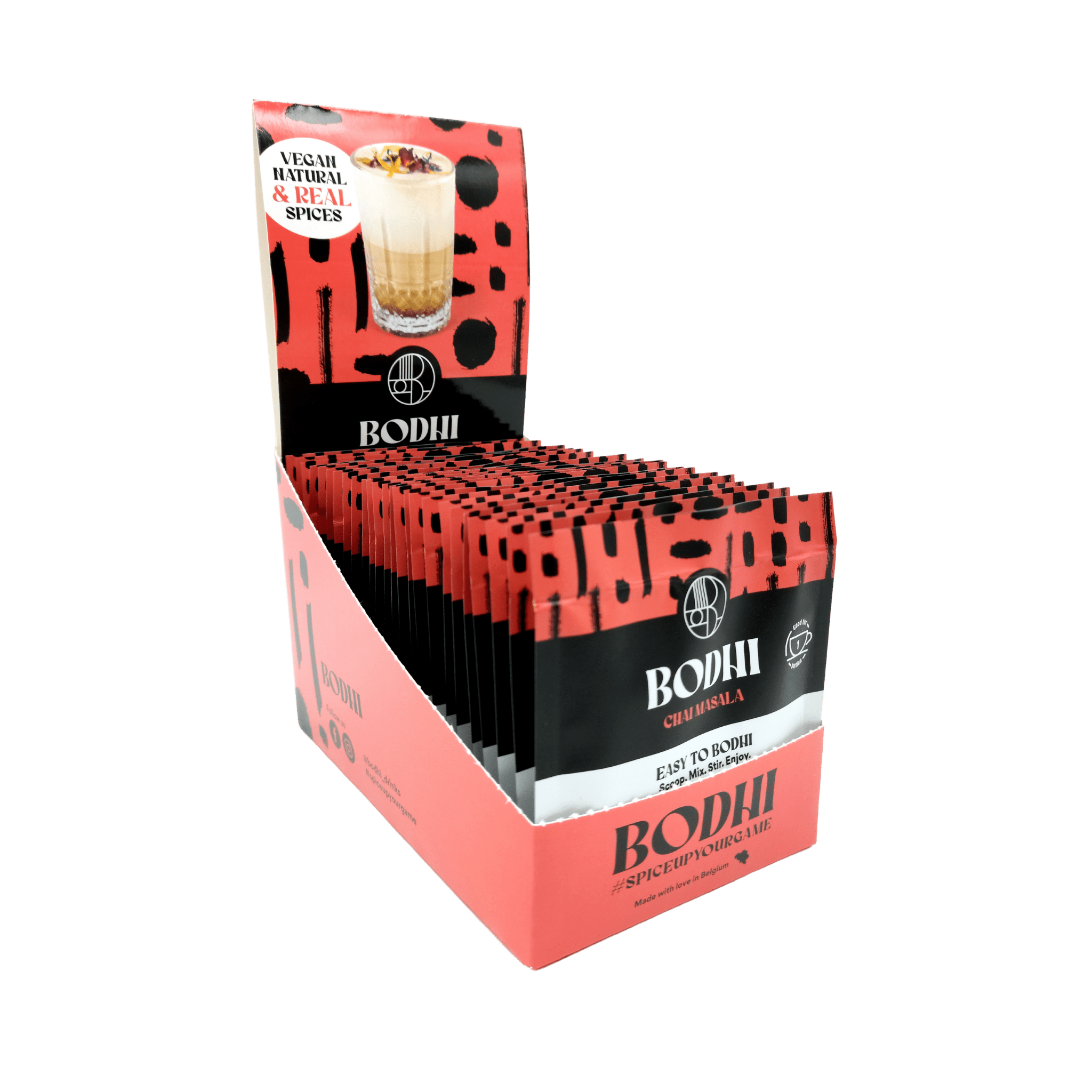 Masala Spiced Chai Latte - Bodhi DrinksDisplay 25 x 12 gr - high in fiber - less sugar - minder suiker - gember, kaneel, kardamom, piment, kruidnagel - black tea - vegan - belgisch product
