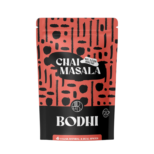 Masala Spiced Chai Latte - Bodhi Drinks250 gr – 20 latte’s - pouch-less sugar - minder suiker - gember, kaneel, kardamom, piment, kruidnagel - high in fiber - vegan - belgisch product